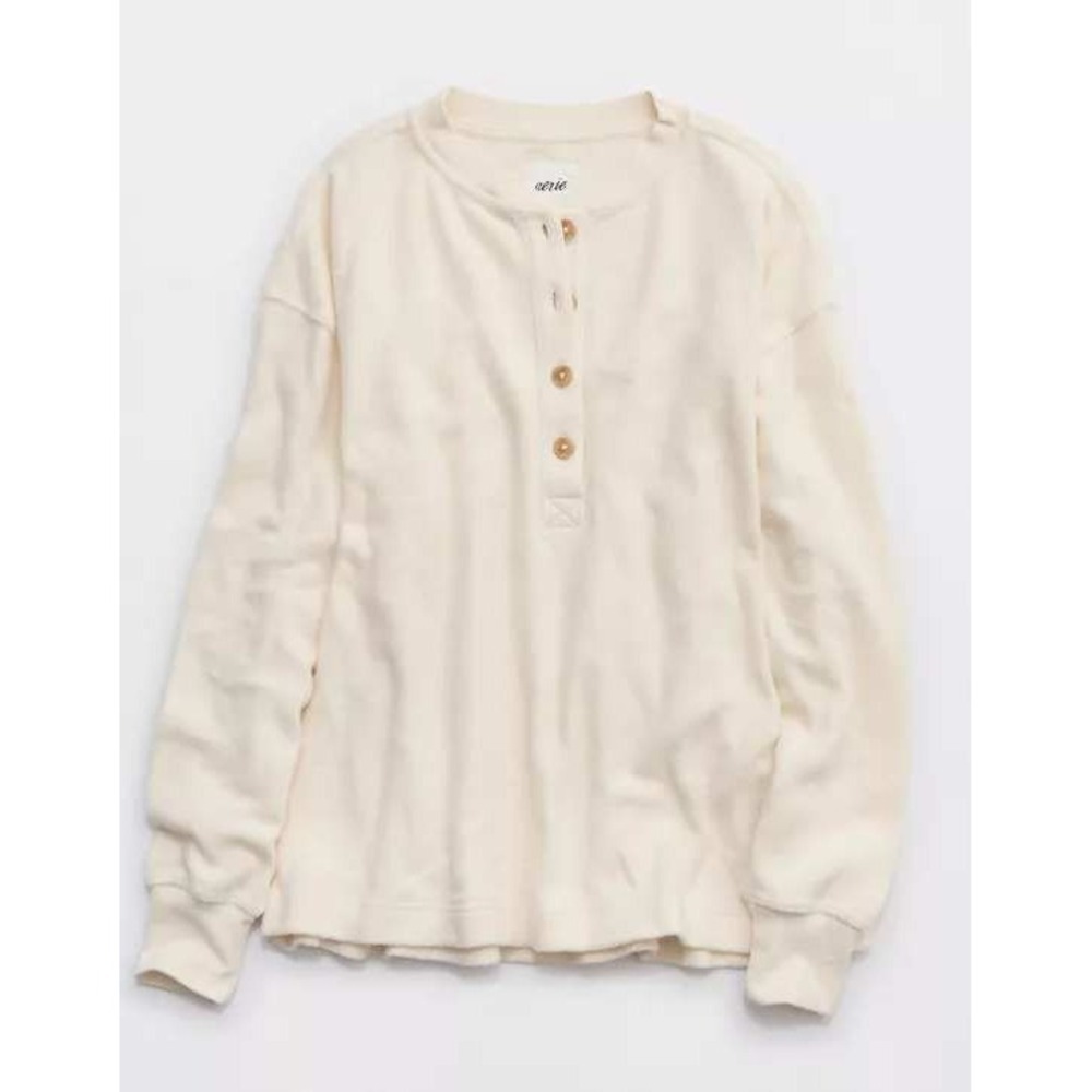 Aerie Henley Button Front Lightweight Sweatshirt Women Cream Medium New W/ Tags